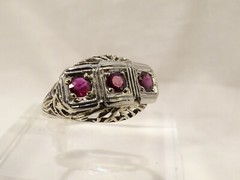 Antique Art Deco Filigree 14 K White Gold 3 Stone Ruby Sz 6 Cocktail Ring