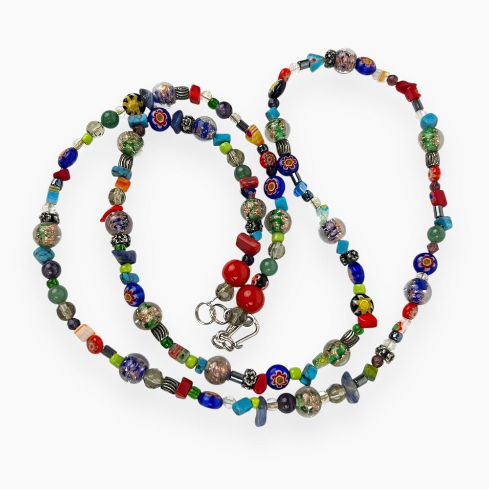 Vintage Glass Beaded Necklace Colorful Natural Stone Chips Artisan Boho Chic