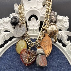 Vintage Brassy Bronzy Bracelet & Charms of Mixed Metals: Heart, Angel Wing, OOAK