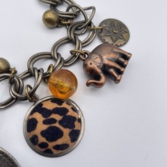 Vtg Elephant Bronze Tone Lion Charm Chunky Link Safari Statement Necklace 22″