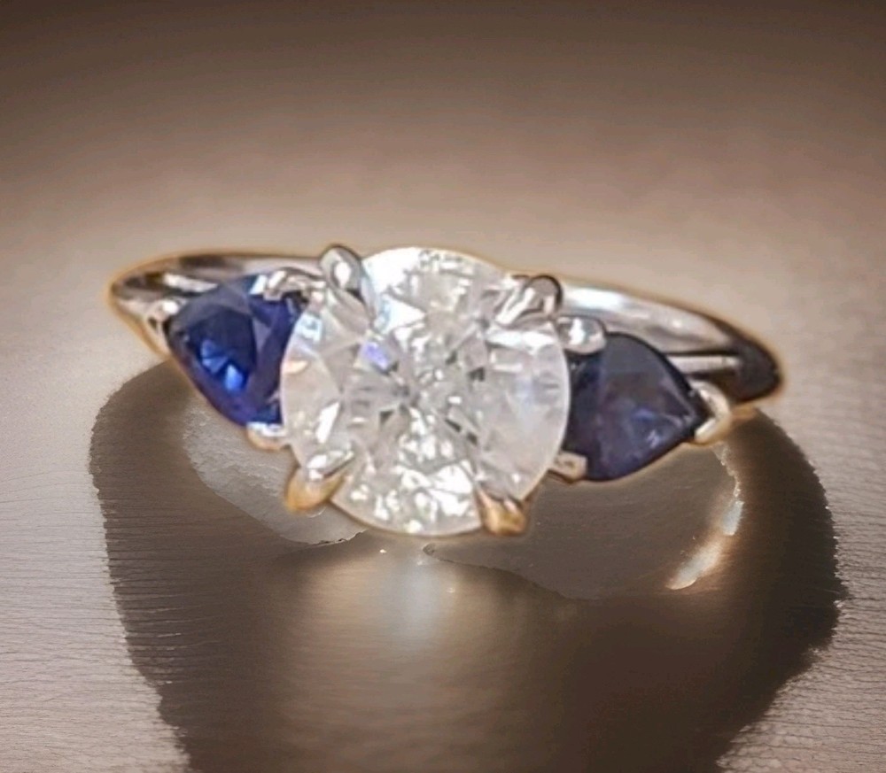 Platinum Vintage Engagement Ring 1.71ct.Natural Round Diamond Blue Sapphire Pear