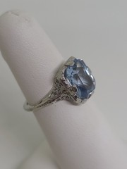 Edwardian 18k White Gold Synthetic Spinel Aquamarine Filigree Ring Size 4.75