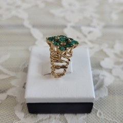 14K Natural Emerald Ring, Yellow Gold, 1 TCW Marquise Cut F2, Vintage Artisan