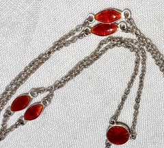 1930s Art Deco ORANGE/BLACK Enamel Checkerboard Sterling Locket Necklace~GERMANY