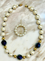 Chunky Faux pearl necklace w/ black & gold bead separators & matching hair clip