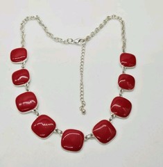 Red Enamel Square Link Necklace Silver tone Art Deco Collar Vintage 21 in