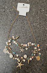 CHARMING CHARLIE Turquoise Bead Gold-tone Starfish Seashell Double Layer Necklac