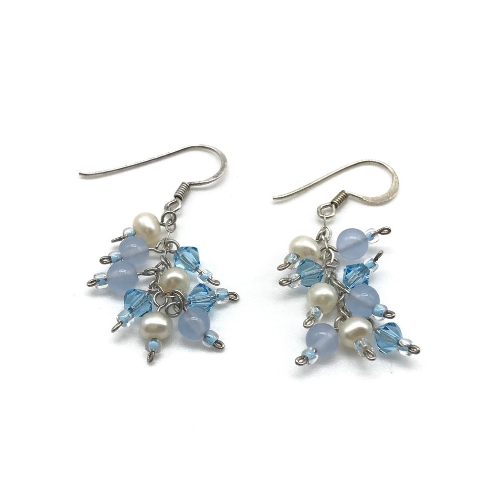 925 Sterling Silver Pearl Blue Crystal Beaded Vintage Dangle Drop Earrings