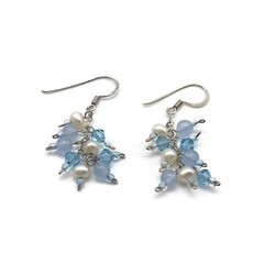 925 Sterling Silver Pearl Blue Crystal Beaded Vintage Dangle Drop Earrings