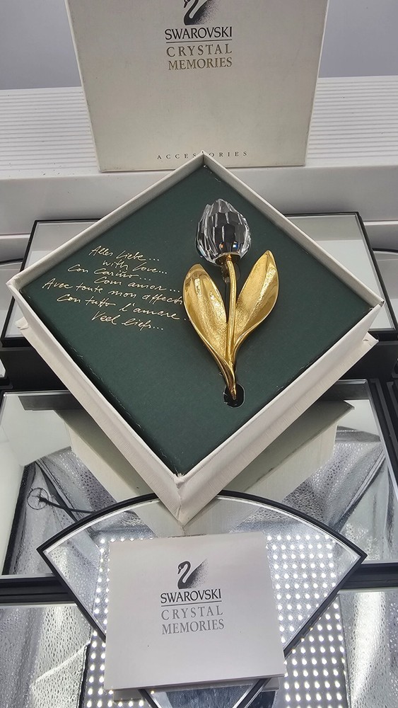 SWAROVSKI~Crystal Memories~**ROSE BROOCH GOLD TONE PIN**~3.25″ Long~Box~COA
