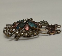 Quill 12K GF Gold-Filled Pink & Blue Floral Rhinestone Brooch Pin Vintage 1950s