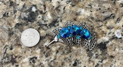 Vintage Rivoli Crystal Peacock Blue Green Silver Tone Feather Leaf Fan Brooch
