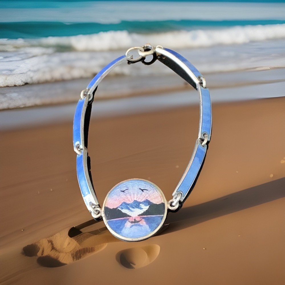 Kristian Hestenes Norway Guilloche Enamel Sterling Silver Scene Bracelet Vintage