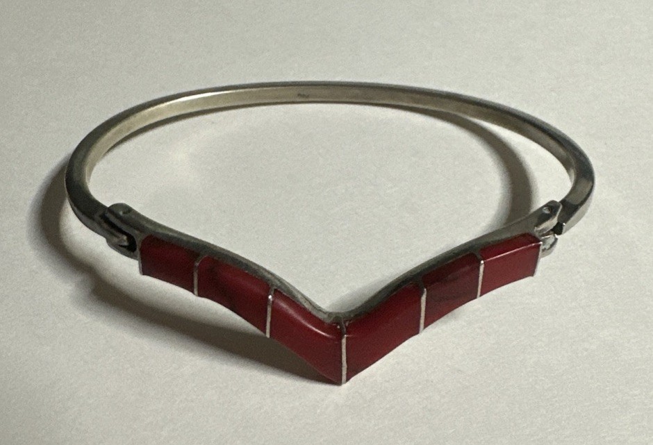 Vintage Nickel Silver Hinged Red Jasper Bangle Bracelet