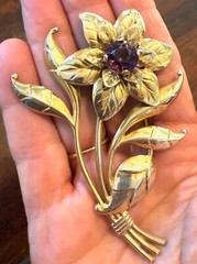 Vintage Sterling Silver Gold Tone Flower w/purple center jewel, 4”x3.5”
