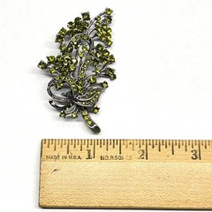 VTG Floral Spray Bow Pin Brooch Sparkling AB Peridot Green Crystal Rhinestones