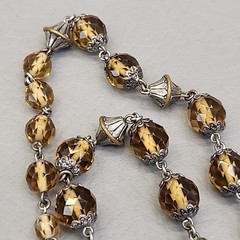 Vintage Glass Beaded Necklace Yellow Brown Faceted Silver Tone Caps 44″
