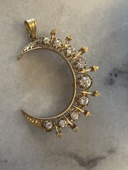Spectacular Antique 14k Yellow Gold Diamond Crescent Moon Pendant 1920s