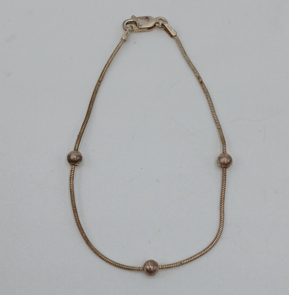 VTG 925 Snake Chain Station Bead Bracelet 7″ Sterling Silver 2g Minimalist Italy