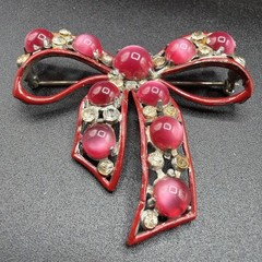 Vintage Coro Pink Moonglow Cabochon Bow Rhinestone Red Enamel Brooch Pin 2.5”