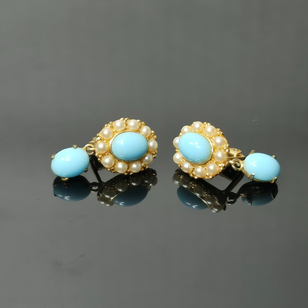 B.A. Ballou & Co Victorian Revival Turquoise & Pearl Earrings