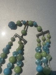 Vintage Multi-Strand Blue Green Glass Beaded Statement Necklace Round Beads Hook