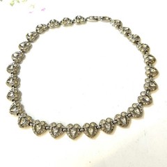 Vintage BOGOFF Heart Rhinestone Necklace Rhodium Plated Art Deco Style 15.5”
