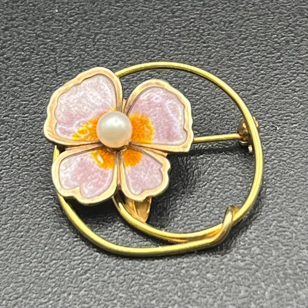 Creed 12K Gold Filled & Sterling Enamel Flower Brooch Mid Century Pearl Pin