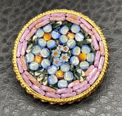 Vintage Italy Micro Mosaic Floral Daisy Brooch Pink Blue Gold Tone