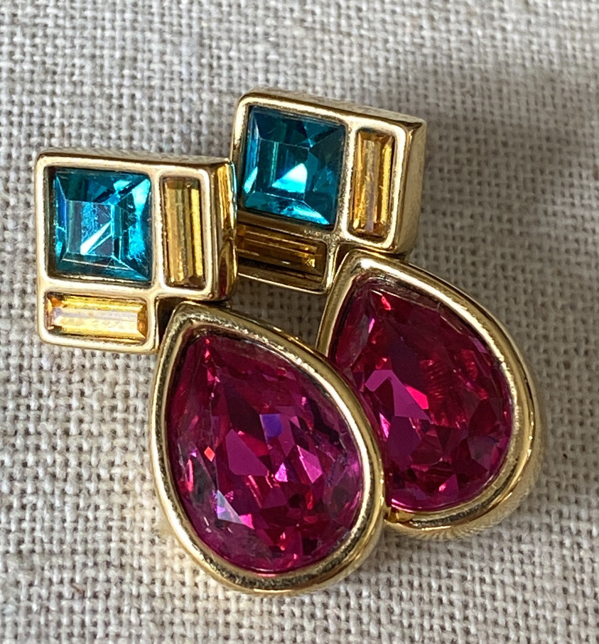 Signed Vintafe Gold Tone Pink and Green Swarovski Crystal Earrings!
