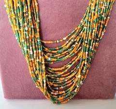 Vtg Orange Green Multistrand Boho Seed Bead Necklace & Earrings Set