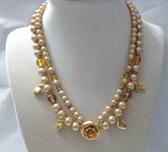 VTG Double Strand Creamy Beige Faux Pearls Honey Amber Rhinestone Bead Necklace