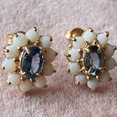 10k Gold London Blue Topaz Earrings with Opal Surround Vintage with Box & Paper