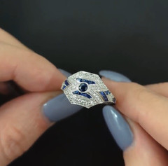 Art Deco Style Sapphire Lab Created Diamond 14K White Gold FN Anniversary Ring