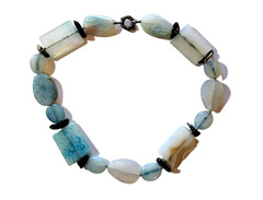 Vintage Aquamarine, Amazonite, & Smoky Quartz Gemstone Glass Chunky Necklace 16″