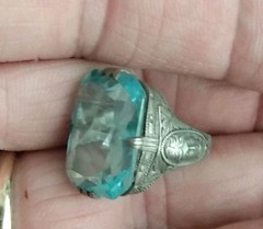 Antique Art Deco Sterling Silver Ring Czech blue Glass Size 5 1/2