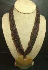 Vintage Brown Glass Seed Beads Necklace Shell Pendent. 4445