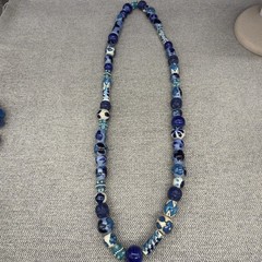 Vintage Artisan Necklace Ceramic Hand Painted Beads Blue White Floral 30 Inches