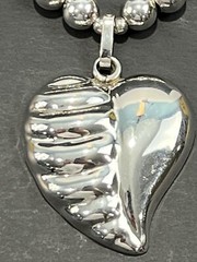Sterling Silver Ball Bead Chain Necklace W Heart Pendant , Taxco 8mm 20” 32g