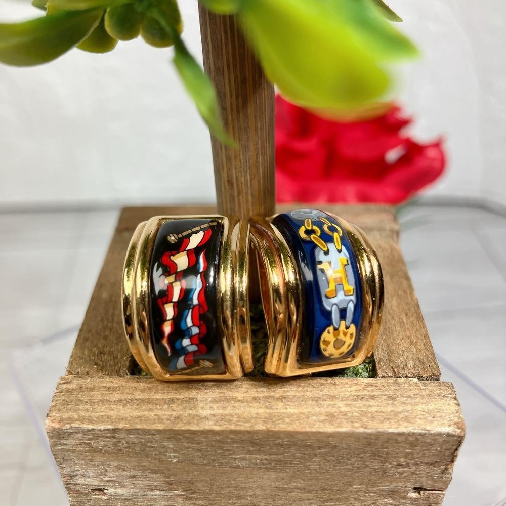 HERMÈS Enamel Earrings Clip type Chain Cloisonné enamel H-shaped gold asymmetry