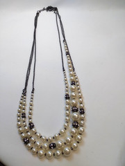 Vintage Faux Pearl & Black Faceted Glass 3 Strand Necklace