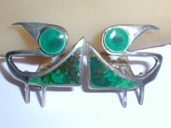 RARE-GRAZIELA LAFFI PERU STERLING ABSTRACT BIRD GREEN ENAMEL CLIP-ON EARRINGS!