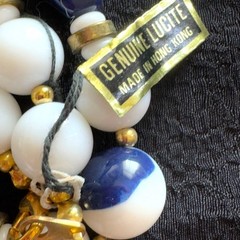 Vintage Genuine Lucite Beaded Necklace – Blue & White Marbled Beads w/ Tag – 30”
