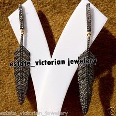 Vintage Look 2.90ct Genuine Old Mine Rose Diamond Silver Feather Earring Jewelry