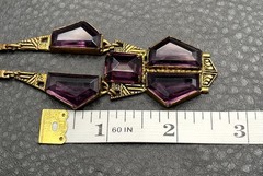 Vintage Art Deco Faux Amethyst Glass Gold Tone Ornate Chain Statement Necklace