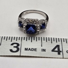 Designer JH Sterling Blue & Clear CZ Stone Ring – Size 7.5 Halo EUC