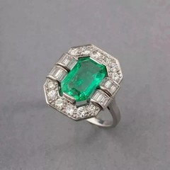 Art Deco Style Lab Created Green Emerald & Diamond Anniversary 925 Silver Ring