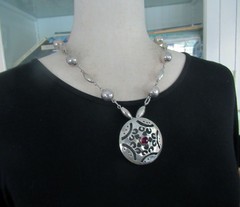 VINTAGE MEXICO BOLD STERLING PENDANT NECKLACE 2 INCHES, 42 GRAMS, AMETHYST, 20″