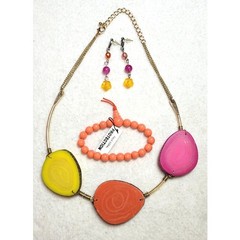 Vtg Genuine Multi Color Agate Jasper Slab Statement Necklace Bracelet Earrings