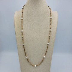 Vintage Faux Pearl Brush Gold Tone Necklace Unique Chain 30″